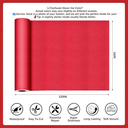 Red Leather Repair Tape, 16x120 Inch Leather Repair Patch Self-Adhesive, Waterproof Faux Leather Patch, Vinyl Repair Tape for Couch, Sofas, Furniture, Office Chair, Car Seats