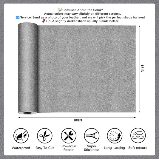 Dark Gray Leather Repair Tape, 16x80 Inch Leather Repair Patch Self-Adhesive, Waterproof Faux Leather Patch, Vinyl Repair Tape for Couch, Sofas, Furniture, Office Chair, Car Seats