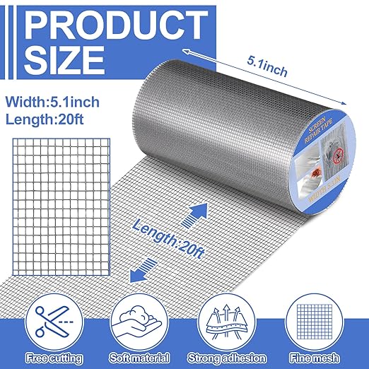 CroBlissful Extra Wide 5 inch x 20 ft Window Screen Tape Mesh Repair Strong Adhesive Waterproof Fiberglass Screen Repair Kit Patch for Window Door Tears Holes (Gray)