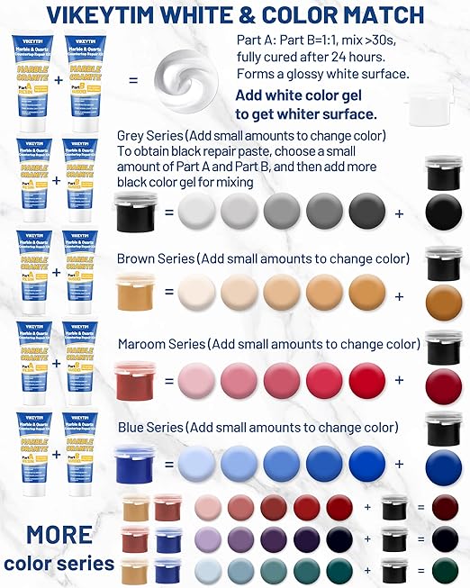 Tile, Marble and Granite Repair Kit (Color Match), 160g/5.64oz Quartz Countertop Repair Kit for Holes Dents Defects Chips Scratches Cracks, Fix Porcelain Stone Reattaches Corian Other Hard Surfaces