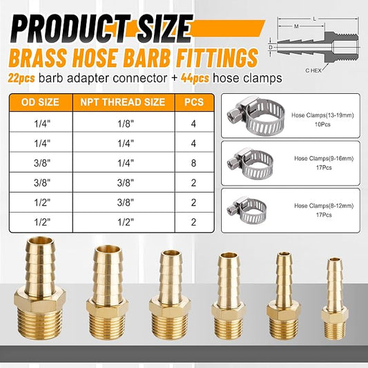 22Pcs Brass Hose Fittings, 3/8" Barb to 1/4" NPT, 1/4" Barb to 1/4" NPT Male, 1/8" 1/4" 3/8" 1/2" Barbed Air Hose Kit with 44Pcs Pipe Hose Clamps