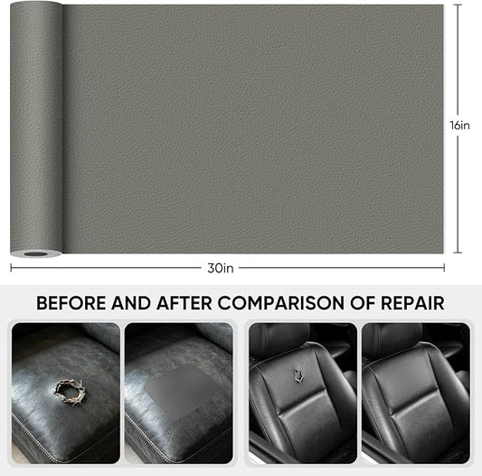 Leather Repair Tape,16 x 30 Inches Self Adhesive Leather Repair Patch,Leather Repair Kit for Furniture,Couches,Car Seats,Cabinets,Handbags(Grey)
