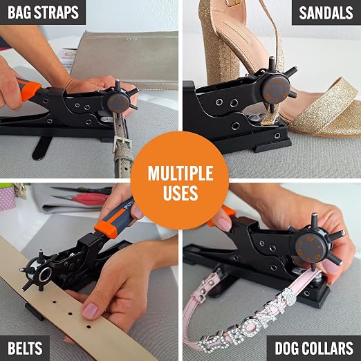 Pro-Master Desktop Leather Hole Puncher - Belt Hole Puncher for Leather with Tabletop Base - One Hand Use, Heavy Duty Carbon Steel, 6 Rotary Sizes 2-4.5mm for Watch Band, Shoes, Bag Strap & Crafts