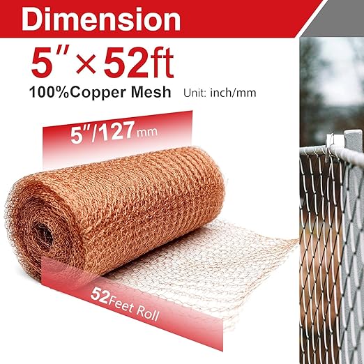 5 Inch×52 ft Copper Mesh Rodent Control, 100% Pure Copper Rustproof Bat Snail Barrier & Sealing Wire for Home, Foundation Gaps, Vent Covers, Gardening with Scissors, Gloves, Trowel