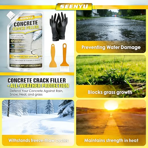 Concrete Cement Crack Filler Self-Leveling Sealant, 6PACK Waterproof Fast-Drying Concrete Sealer Repair, Flexible Easy DIY Crack Seal Gule for Driveway, Sidewalk, Patio, Garage Floor, Asphalt