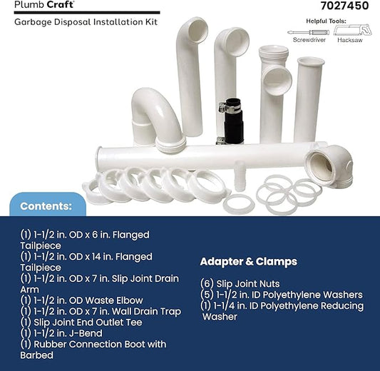 PlumbCraft 1.5-in. OD White Complete Garbage Disposal Installation Kit 7027450, Sink Drain Pipes and Fittings for Setting Up a Garbage Disposal Tool, Kitchen Sink Drain Kit for DIY and Professionals