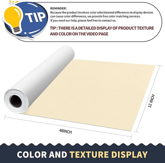 ONine Leather Repair Tape,Self Adhesive Leather Repair Patch,Leather Patches for Furniture,Sofa,Car Seats,Office Chair. Vinyl Repair Kit 12x48in(White Khaki)