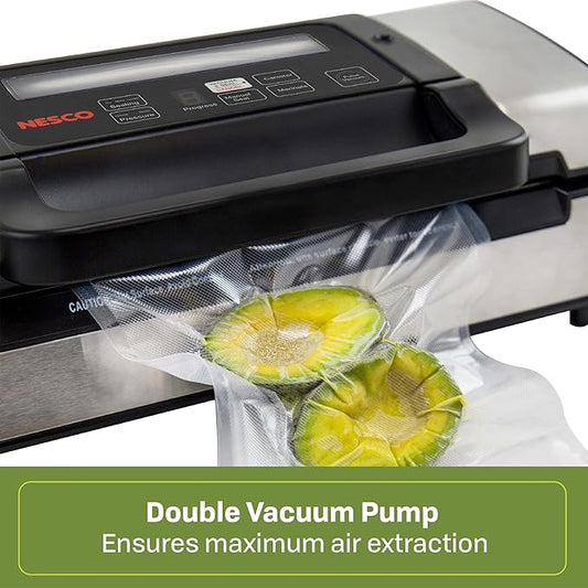 Nesco Deluxe Food VS-12 Vacuum Sealer, 130 Watts, Kit Bags & Viewing Lid, Compact, Silver
