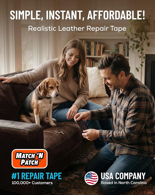 MATCH 'N PATCH Dark Brown Leather Repair Tape, 2.25" x 15' for Furniture | Realistic Faux Leather Patches for Couch, Sofa, Upholstery, Car Seat & Other Furniture, Vinyl Repair Kit, Self Adhesive Patch
