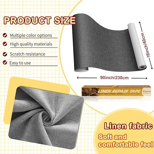 Linen Repair Tape 16x90 inch, Self Adhesive Fabric Patches, Couch Repair Patch Kit, Fabric Repair Tape for Furniture, Sofas, Carpet, DIY, Headboards, Chairs, Pillows, Linen Goods - Black Grey