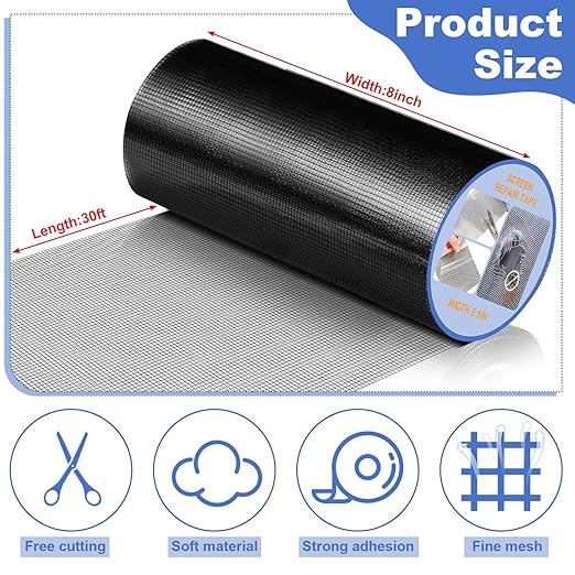 CroBlissful Extra Wide 8 inch x 30 ft Window Screen Tape Mesh Repair Strong Adhesive Waterproof Fiberglass Screen Repair Kit Patch for Window Door Tears Holes(Black)