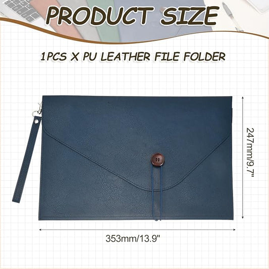 PATIKIL Leather Folder, 14x10 Leather Document Holder File Folder PU Pouch Bag Portfolio File Organizer Handbag Button Personal Envelope Waterproof for Traveling Men Gift, Blue