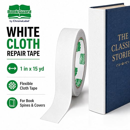 BookGuard 1 Inch White Book Binding Tape, Flexible Cloth Book Repair Tape for Spines, Covers, Textbooks, Hymnals, Bibles and Library Books, 15 Yard Roll