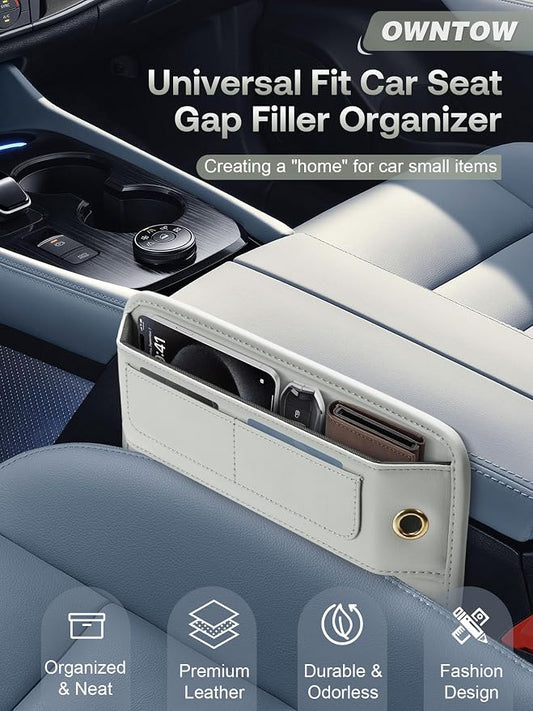 Universal Fit Premium Leather Car Seat Gap Filler Organizer, Center Console Organizer with Card Slots, Clever Gifts for Car SUV Truck Owners (Beige, 2 Pack)