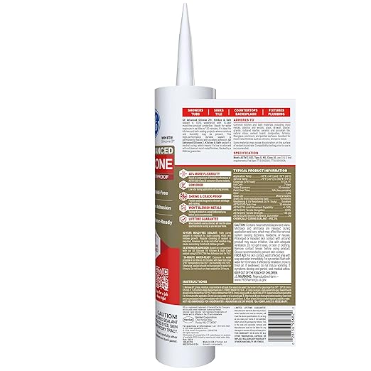 GE Advanced Silicone Caulk for Kitchen & Bathroom, White, 10 fl oz Cartridge, 2 Pack - 100% Waterproof Silicone Sealant, 5X Stronger Adhesion, Shrink & Crack Proof