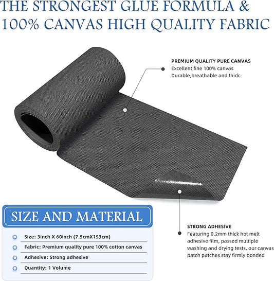 KING MOUNTAIN Canvas Iron on Patch,3"×60",Waterproof 100% Cotton Fabric Repair Patch,Used for Various Sofa,Tent,Clothes,Seats,Suitcases (Medium Gray)