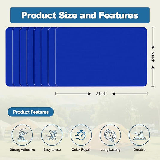 KING MOUNTAIN Self Adhesive Nylon Fabric Repair Patch, 5×8 Inches 8 Pcs, Quick Down Jacket Repair Patch, Waterproof Outdoor Gear Patch Kit for Tent,Backpacks,Umbrella, Gloves, Sleeping Bag (Blue)