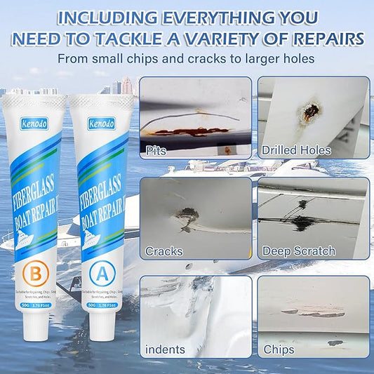 Marine Fiberglass Repair Kit for Boats, Gel Coat Kepair kit for Boats, Epoxy Filler for Repairs Cracks, Scratches, Debris, Holes, Gaps, Suitable for Fiberglass, Acrylic, Porcelain 100g-1.76oz
