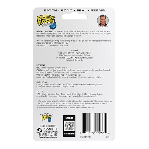 Flex Tape Mini Strips, Strong Flexible Rubberized Waterproof, Seal and Patch Leaks, Works Underwater, Indoor Outdoor - Home RV Roof Plumbing and Pool Repairs, Clear, (6) 1 in x 3 in Pieces