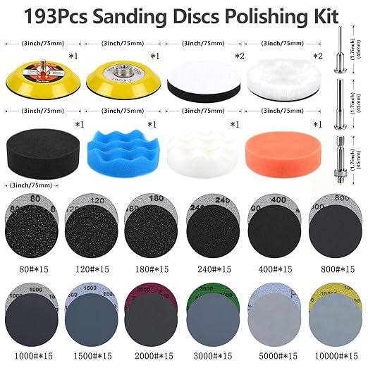 193Pcs 3 Inch Polishing Kit Hook and Loop Sanding Discs, Headlight Restoration Kit - 80 to 10000 Grits Wet Dry Sandpaper Buffing Sanding Pads with 1/4" 1/8" Shank, for Metal, Wood, Auto, Glass