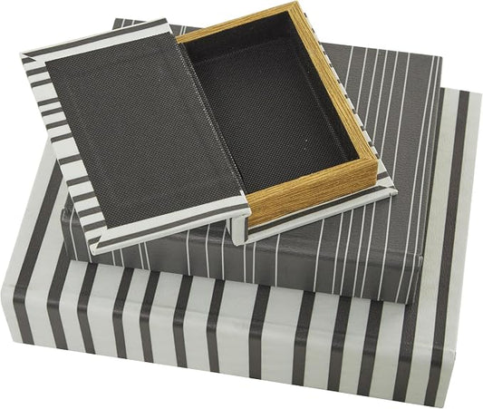 Deco 79 Faux Leather Decorative Box Faux Storage Book Book Shaped Boxes with Black Striped Patterns, Set of 3 Decorative Keepsake Boxes 12", 9", 6"H, White