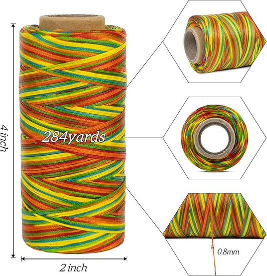 0.8mm Waxed Thread for Leather Sewing, 284 Yards, 150D Flat Wax String, Waxed Cord for Bracelet Making, Bookbinding, Shoe Repairing, Leather Projects, DIY Crafts (Colorful)