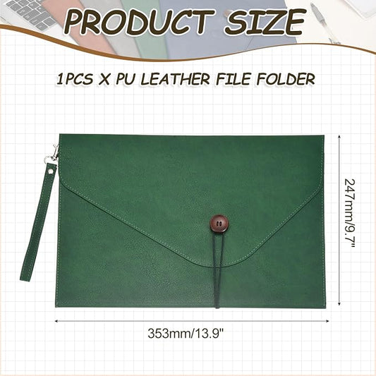 PATIKIL Leather Folder, 14x10 Leather Document Holder File Folder PU Pouch Bag Portfolio File Organizer Handbag Button Personal Envelope Waterproof for Traveling Men Gift, Green