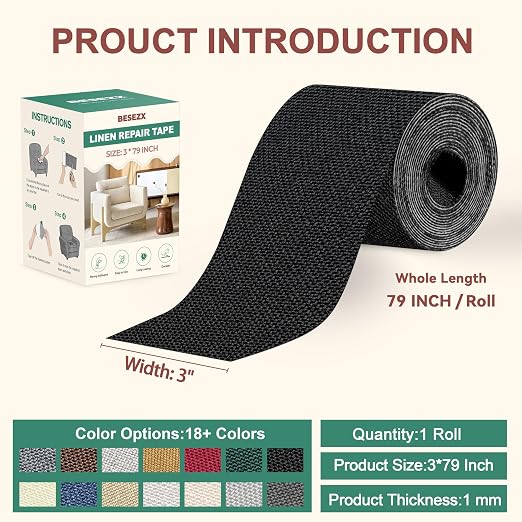 BESEZX Linen Fabric Repair Tape, 3x79 Inch Self Adhesive Repair Patches, Couch Fabric Tape for Furniture, Sofa, Chair, Upholstery.(Black)