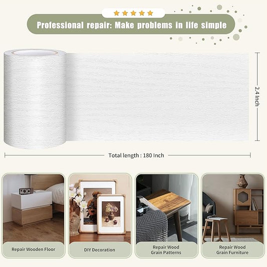 Besezx Wood Grain Repair Tape, 2.4" X15', Self Adhesive Wood Grain Repair Patch for Tables, Chairs, DIY,Baseboards, Doors, Windows, Floors and Furniture Renovation.(White)