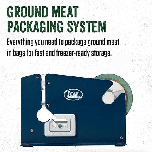 LEM Products Ground Meat Packaging System, Poly Bag Sealer Machine with Tape, 50 Wild Game Meat Bags, Freezer-Ready Packing Kit for Meats, Ground Beef, Deer Processing