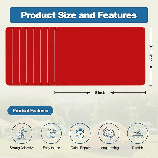 KING MOUNTAIN Self Adhesive Nylon Fabric Repair Patch, 5×8 Inches 8 Pcs, Quick Down Jacket Repair Patch, Waterproof Outdoor Gear Patch Kit for Tent,Backpacks,Umbrella, Gloves, Sleeping Bag (Red)