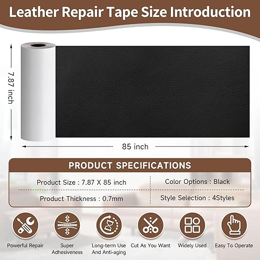 Leather Repair Tape, self-Adhesive Leather Repair Patch, for car seat Repair, Suitable for Sofas, Furniture, Seats, Strong Adhesive Leather Repair Tape (Black, 7.87x 85in)