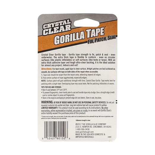 Gorilla Crystal Clear Repair Duct Tape, 1.88” x 5 yd, Clear, (Pack of 1)