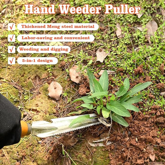 BokingOne 5-in-1 Stainless Steel Hand Weeder Puller Tool & Dandelion Fork Knife - Hand Weed Removal Tool for Weeding, Planting, Transplanting, Soil Cultivating & Flower Care(13.8-inches