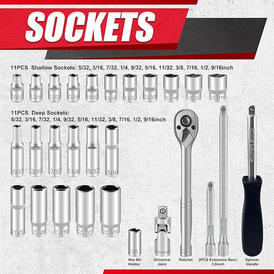EACELIY 28pcs 1/4" Drive Impact Socket Set,Drive Master Socket Set,SAE, Deep&Shallow with Universal Joint,Extension bar,Ratchet Wrench,Hex Bit Holder,Spinner Handle,6 Point,CR-V Steel,Mirror Chrome