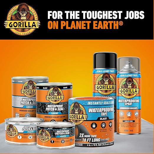 Gorilla Waterproof Patch & Seal Tape, Black Tape, 4" x 10' (Pack of 1) - Permanent Weather Resistant Seal for Leaks and Repairs