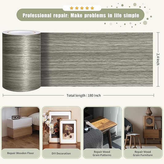 Besezx Wood Grain Tape, 2.4" X15', Self Adhesive Wood Grain Repair Patch for Tables, Chairs, DIY,Baseboards, Doors, Windows, Floors and Furniture Renovation.(Gray)