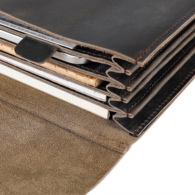Genuine Leather File Folder, Accordian File Organizer, Leather Document Holder Resume Folio for Men & Women-Grey-Custom
