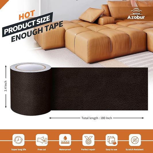 Azbour Leather Repair Tape Patch, 2.4''x15' Super Adhesive, Self-Adhesive Leather Patch for Restoration and Refurbishment of Sofas, Car Seats, Furniture, Vinyl Furniture, Chairs. (Black Brown)