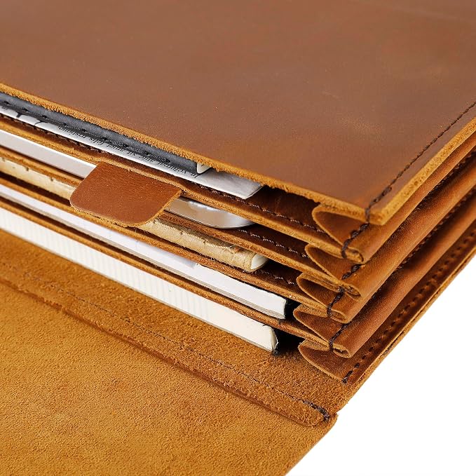Genuine Leather File Folder, Accordian File Organizer, Leather Document Holder Resume Folio for Men & Women - Brown