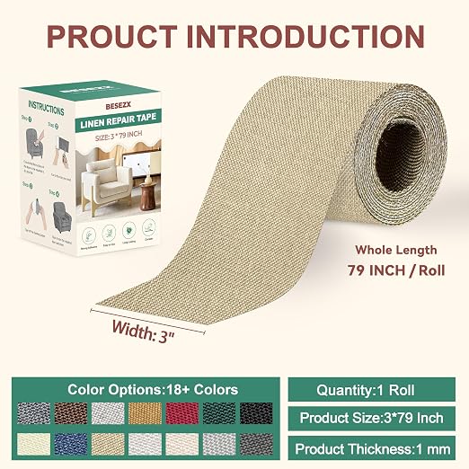 BESEZX Linen Fabric Repair Tape, 3x79 Inch Self Adhesive Repair Patches, Couch Fabric Tape for Furniture, Sofa, Chair, Upholstery.(Khaki)