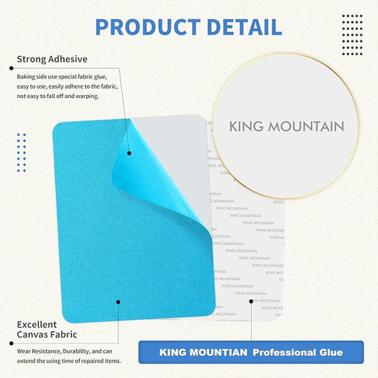 KING MOUNTAIN Canvas Repair Patch 5×8 Inch 8 Pcs Self-Adhesive Waterproof Fabric Patch for Sofas, Tents, Furniture,Tote Bags, Car Seats (Blue)