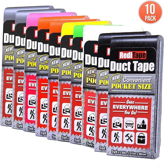 Travel Size Pocket Duct Tape 10-Pack | 1.88 inches x 5 Yards per Flat Pack (10-Pack, Rainbow Assortment)