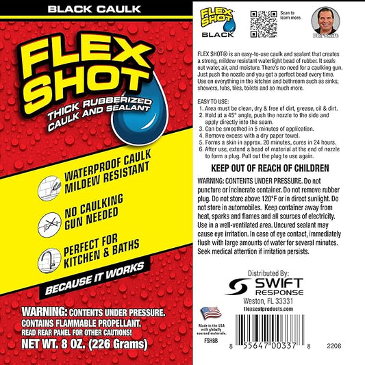 Flex Shot, Flexible Rubber Silicone Sealant, Waterproof Caulk, UV Resistant, No Caulk Gun Needed, Perfect for Kitchen, Bath, Showers, Sinks, Baseboards, Black, 8oz, 1-Pack