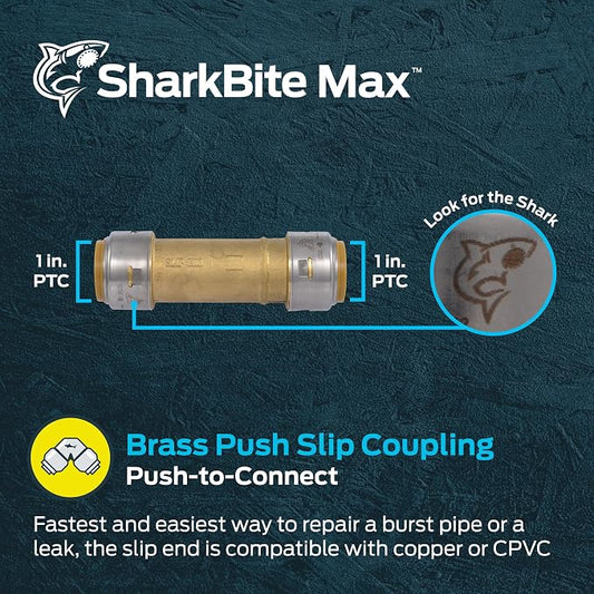 SharkBite Max 1 x 1 in Slip Coupling, Push-to-Connect Brass Plumbing Fitting, UR3020A