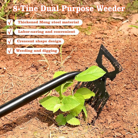 BokingOne Portable Weed Removal Tool - 8-Prong Manganese Steel with Black Baked Rust-Proof Coating for Garden Lawn Farm, Non-Slip Rubber Handle