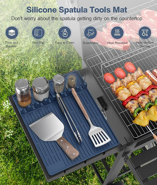 Silicone Grill Mat Compatible with Blackstone, BBQ Griddle Tools Mat with Drip Pad, Large Spatula Holder for Outdoor Kitchen Counter, Gifts for Men (Blue)