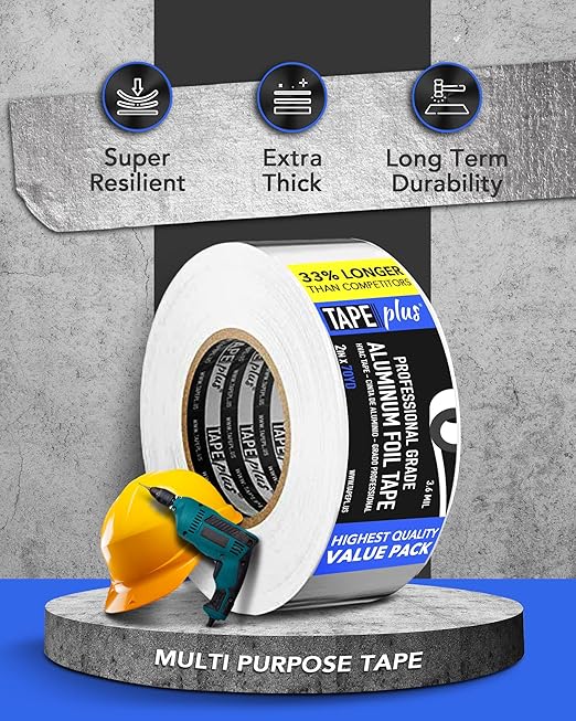 TapePlus Aluminum Foil Tape - Waterproof Insulation for HVAC Ducts - Heat Resistant Tape for Metal Repair - Duct Seal for Indoor & Outdoor Use - Pack of 2, 2 in x 210 ft, Silver