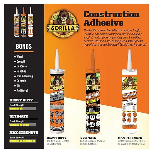 Gorilla Heavy Duty Construction Adhesive, White Glue, 9 Ounce Cartridge (Pack of 6) - Gap Filling and Waterproof
