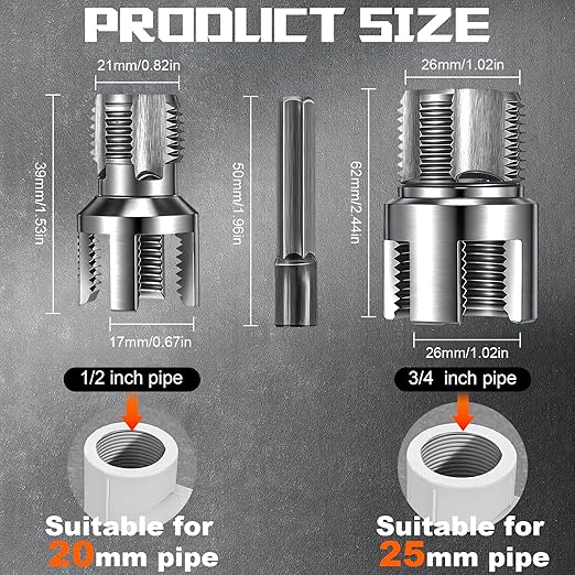 2 Pcs Pipe Thread Cutting Tool Integrated Internal & External Pipe Threading Tool Electric Drill Compatible PVC Tube Threader Kit, 1/2", 3/4", 1'' Tube Sizes Rethreading Kit(2 Sizes, Silver)
